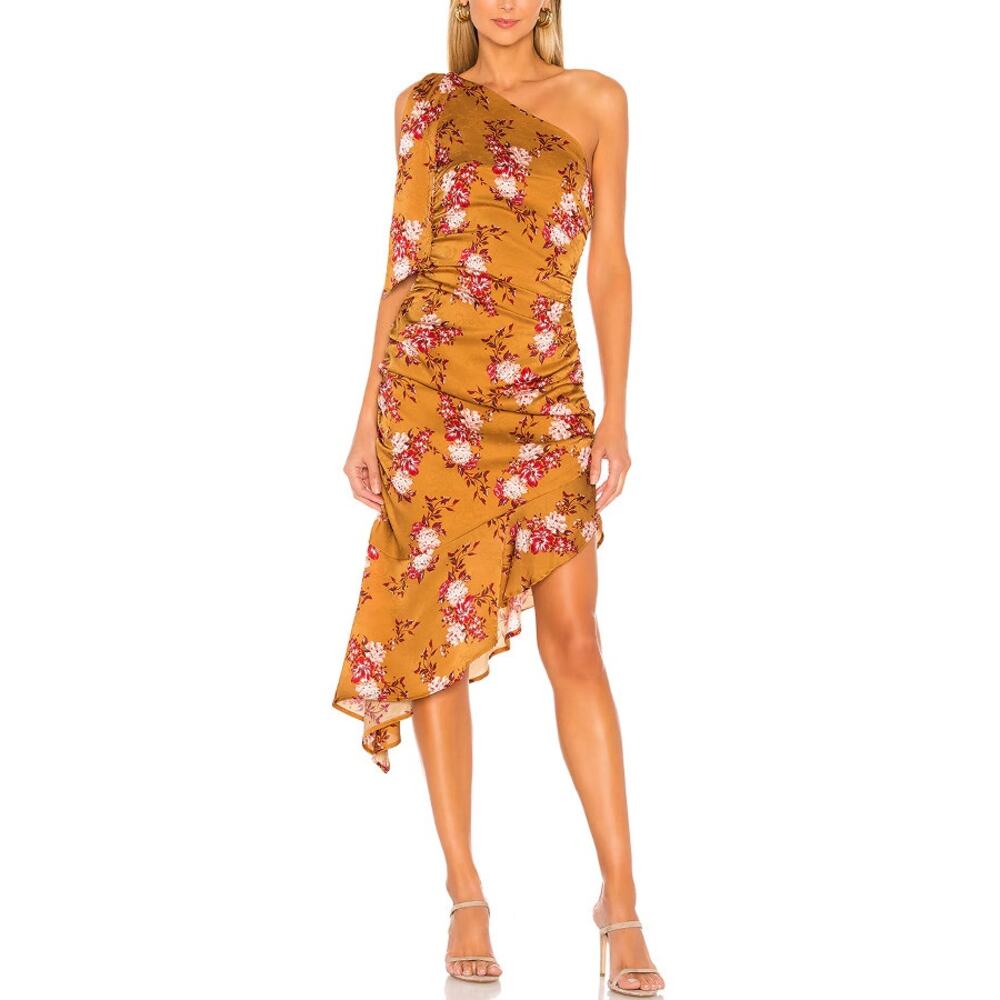 Majorelle Gold Floral Asymmetrical Midi Dress Size S